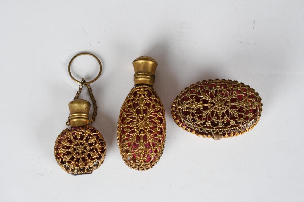 Lot of 3- Cranberry Glass w/ Gold Filigree Perfume (1 of 3)