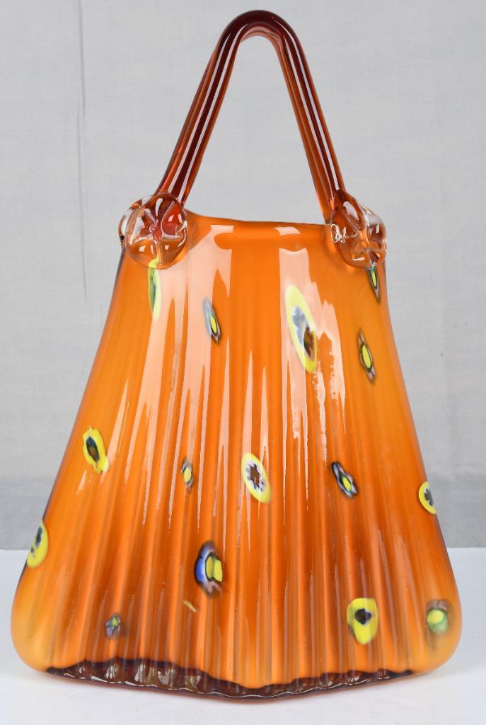 Murano Style Blown Glass Millefiori "Purse" Vase (1 of 4)