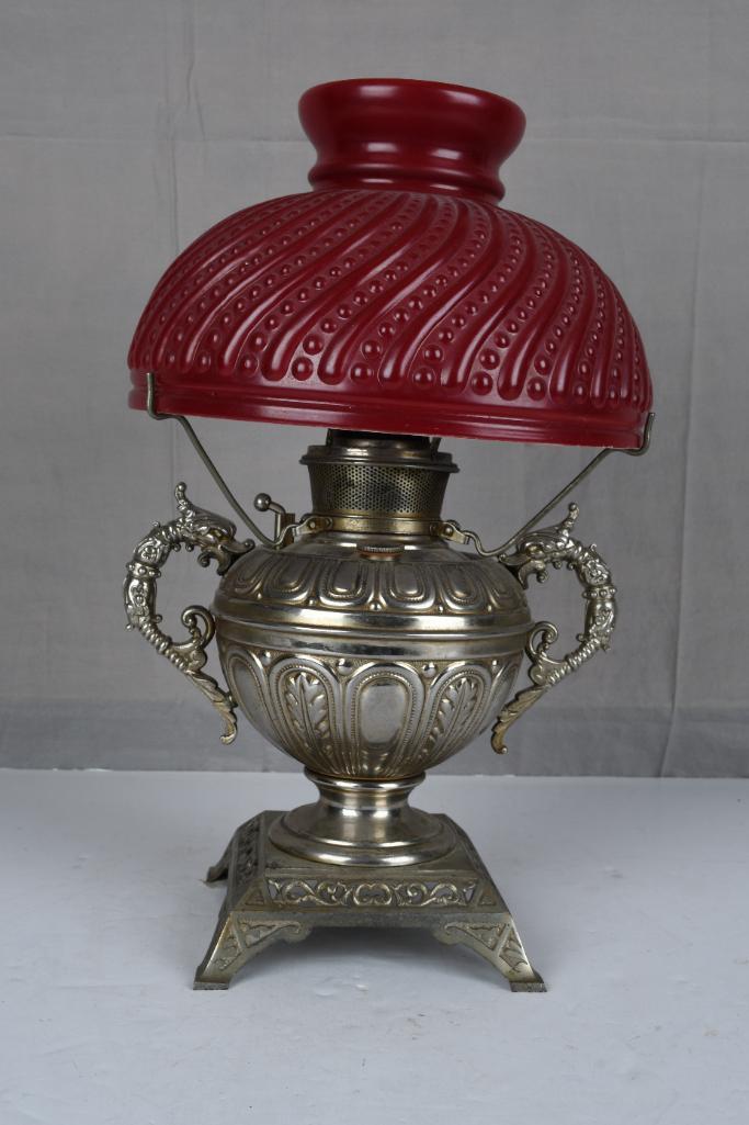 Bradley & Hubbard Ornate Table Oil Lamp w/Shade (1 of 8)