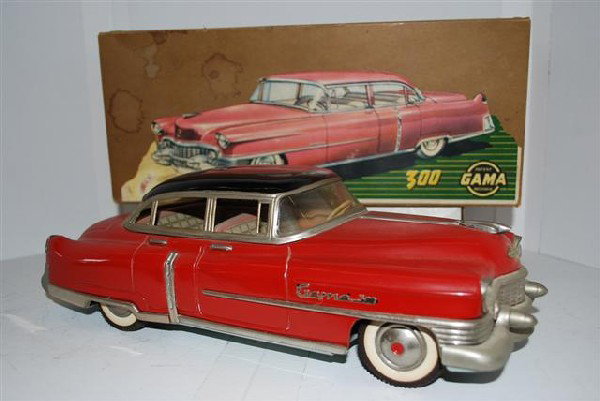 Gama 300 "Cadillac" Four Door Sedan tin litho, fr: Gama 300 "Cadillac" Four Door Sedan tin litho, friction power, NIB, 12 inches long,