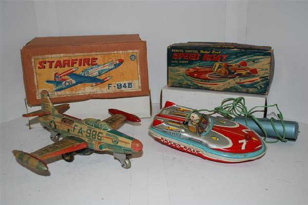 2-Japanese tin litho toys Lockheed Starfire frict: 2-Japanese tin litho toys Lockheed Starfire friction & Speed boat battery operated, NIB,