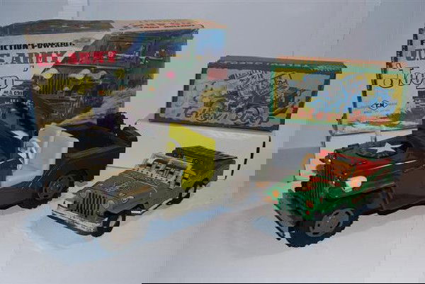 Japanese Television Jeep & U.S. Army Jeep tin lit: Japanese Television Jeep & U.S. Army Jeep tin litho friction, 9.5 inches long,