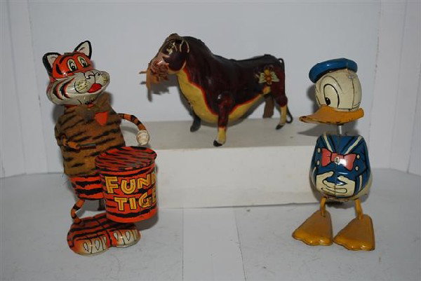Linemar Donald Duck, Ferdinand the Bull & Funny : Linemar Donald Duck, Ferdinand the Bull & Funny Tiger, Japanese tin litho windups, 7 inches tall,