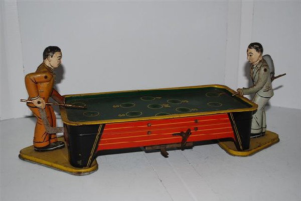 Tin Litho Windup Guys Shooting Pool, 14 inches lo: Tin Litho Windup Guys Shooting Pool, 14 inches long,