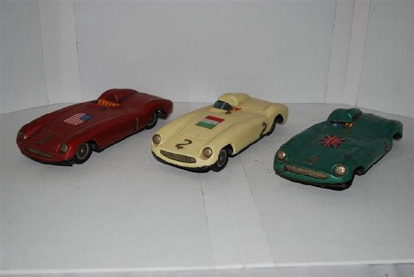 3-Bandai Ferrari #1,#2,#3 race cars tin litho fri: 3-Bandai Ferrari #1,#2,#3 race cars tin litho friction, 11 inches long,