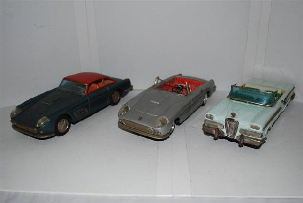 3-Japanese tin litho friction cars Edsel Converti: 3-Japanese tin litho friction cars Edsel Convertible, Ferrari coupe & convertible, 11 inches long,