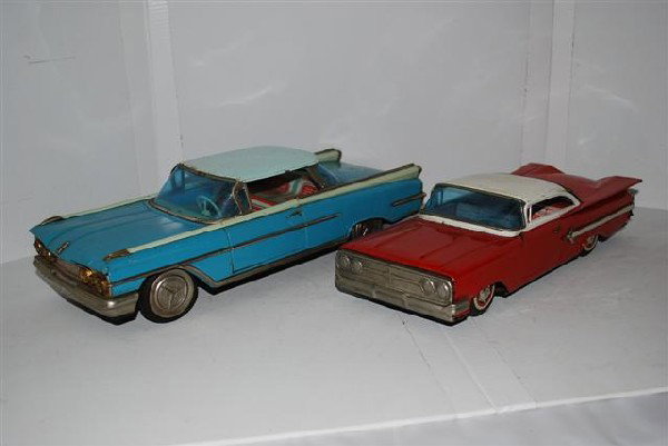 1960 Chevrolet & Oldsmobile 88 Japanese tin litho: 1960 Chevrolet & Oldsmobile 88 Japanese tin litho friction cars, 13 inches long,