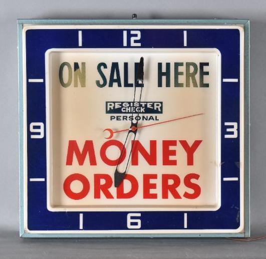 Money Orders "On Sale Here" Plastic Lighted Clock: rated 7.5, 18"x18"x3", molded plastic clock, clock works, face is heat stained.