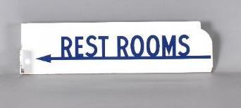Rest Rooms w/Arrow Porcelain Flange Sign: rated 9, 5"x19", porcelain flange sign, fields are clean, tiny chips around the perimeter. The Authentication Company #008502