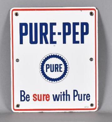 Pure-Pep w/Pure Logo Porcelain Sign: rated 8.9, 12"x10", SSP sign has good color and gloss, tiny chip at top. The Authentication Company #008516