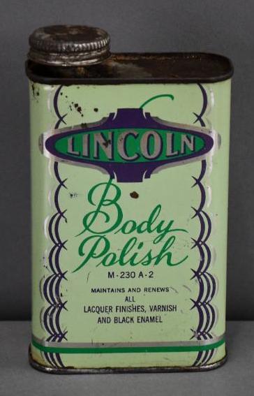 Lincoln Body Polish Pint Metal Can: rated 7.75, one pint flat metal can has good color and shine, has light and a few spots, is Lincoln Motor Car Company.