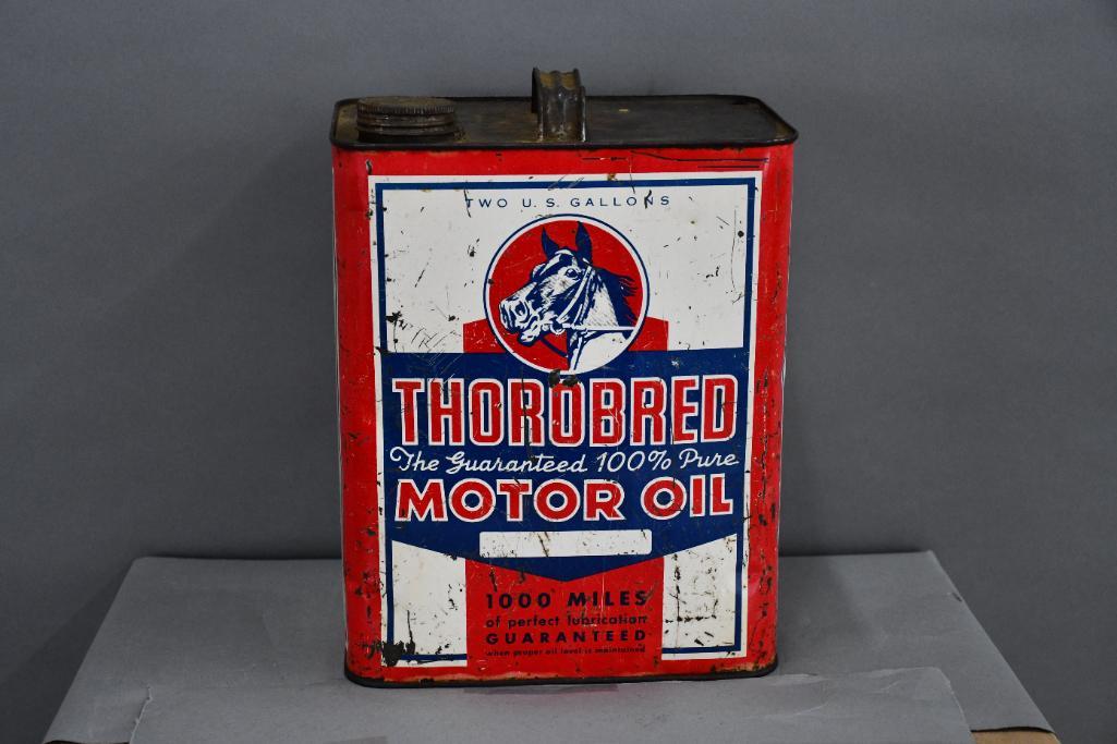 Thorobred Motor Oil w/Logo Two-Gallon Metal Can: rated 7, two gallon rectangle metal can, has wear and scratches, is empty.