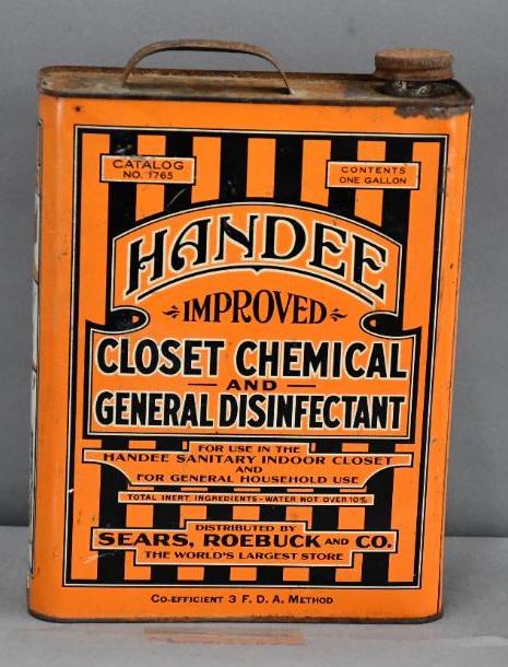 Handee General Disinfectant One Gallon Metal Can: rated 8.5, one gallon flat metal can has good color, has light wear and a few fine scratches, is empty, distributed by Sears, Roebuck & Co.
