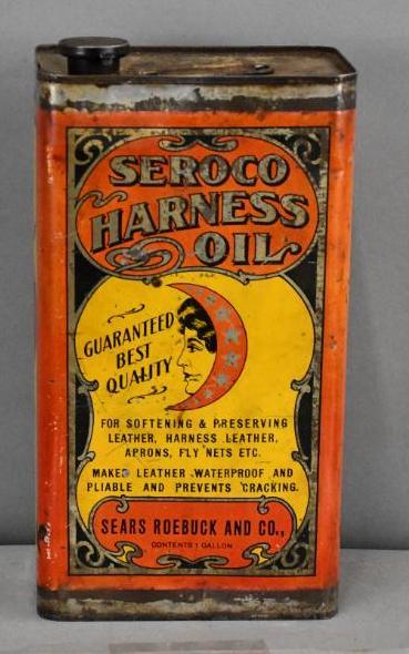 Seroco Harness Oil w/Logo One Gallon Metal Can: Rated 7.75, one gallon metal can has good color and shine, has wear and a few fine scratches, is empty, sold by Sears, Roebuck & Co.