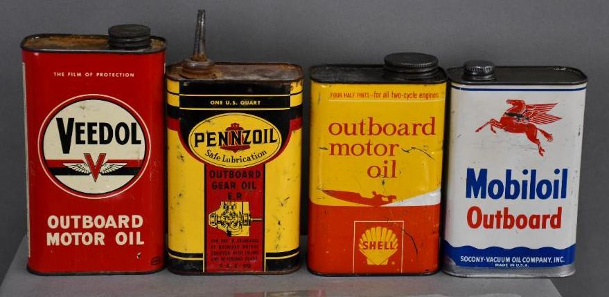 Mobil, Pennzoil, Shell & Veedol Outboard Motor Oil Cans (1 of 2)