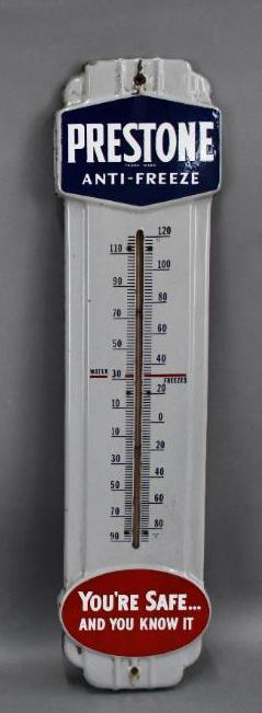 Prestone Anti-Freeze "You're Safe and You Know It": rated 9, 36"x9", porcelain thermometer has good color and gloss, tube is good, field is clean, small chip at the top mounting hole, tiny chips around the perimeter.