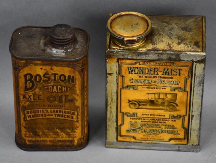 Wonder Mist & Boston Coach Metal Cans: rated 6.5 & 7, Wonder-Mist is quart, Boston is a pint, both have wear, both are full.