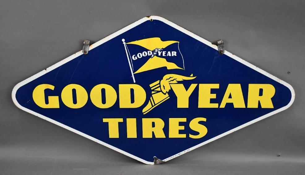 Goodyear Tires w/Logos Porcelain Sign: Rated 8.75 & 7.5, DSP diecut sign display has light wear and has some fading, reverse has wear and staining.