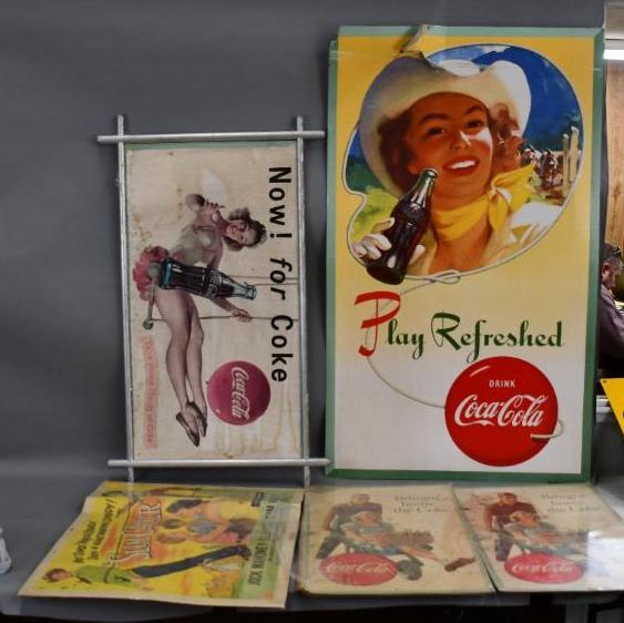 3-Coca-Cola Cardboard Poster: rated 5 to 7, 50"x30" or less in size, the large one has damage at top, others are stained, also comes with a movie poster.