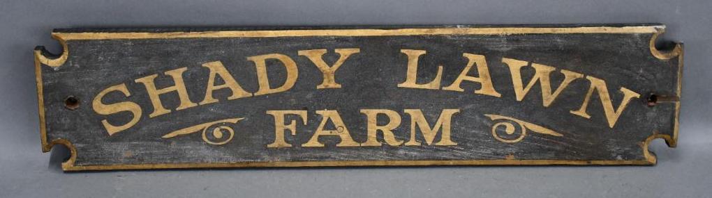 Shady Lawn Farm Wood Smaltz Sign: Rated 8, 7"x30", single-sided Smaltz painted wood sign has light wear.
