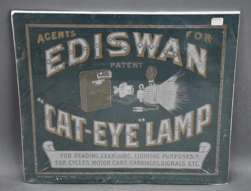 Ediswan Cat-Eye-Lamp Metal Sign: Rated 8, 13"x15", SST sign has good color, has light.