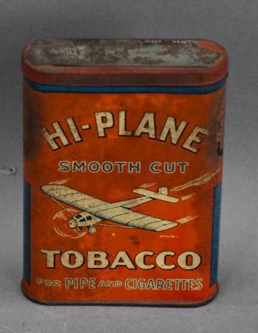 Hi-Plane Tobacco w/Logo Metal Tin: Rated 7, 5"T., has rust on the side, is empty.