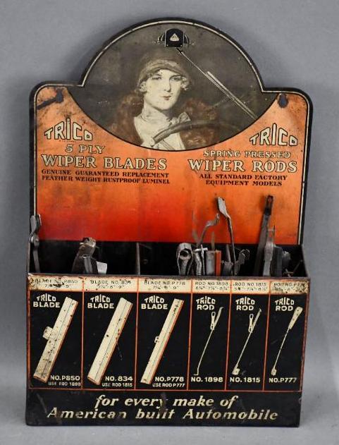 Trico Wiper Blade-Rod Display Metal Box w/Lady: Rated 7, 14"x10"x4", metal display has good color, has wear and scratches.