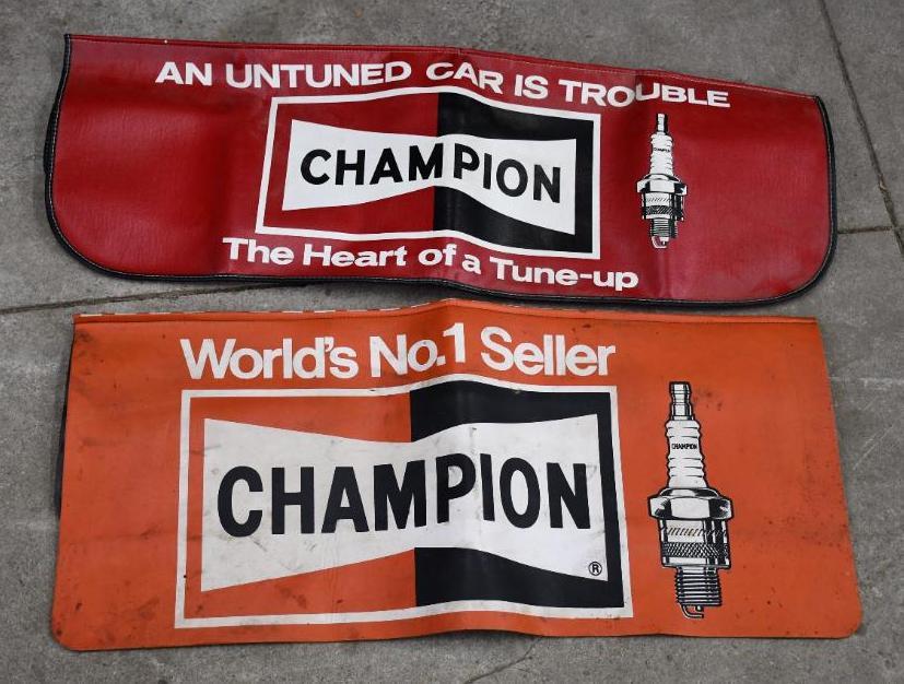 2-Champion Spark Plug Vinyl Fender Covers: Rated 8, both in good condition.