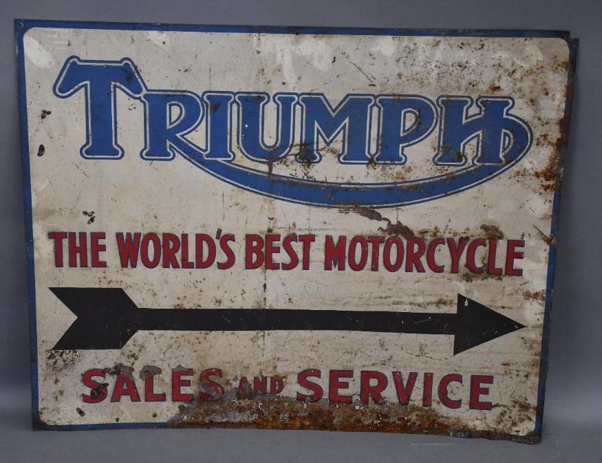 Triumph "The World's Best Motorcycle" Sales & Service: Rated 6, 23.5"x29.5", SST embossed sign has heavy wear, scratches and paint loss at the bottom, marked Donaldson.