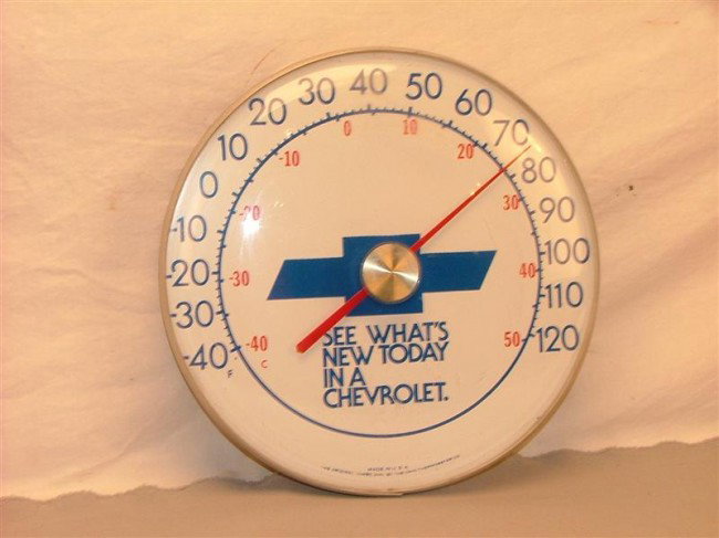 Chevrolet "See what's new today in a Chevrolet" R: Chevrolet "See what's new today in a Chevrolet" Round Thermometer 12 inches