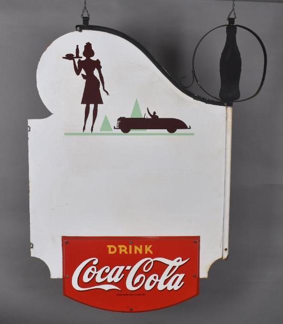 Drink Coca-Cola w/Car & Car Hop Logo Porcelain Sign (1 of 7)