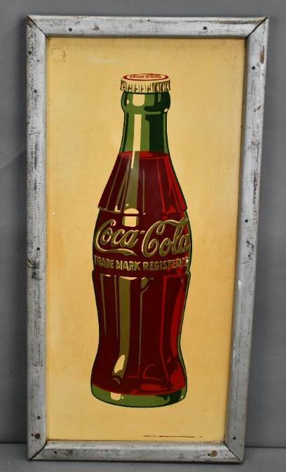 Coca-Cola Bottle Metal Sign: Rated 8, 35.5"x 18", SST wood-framed sign has good color and shine, the white is yellowed, has light wear and mark in the field, marked Robertson-Duralife. The Authentication Company #037676