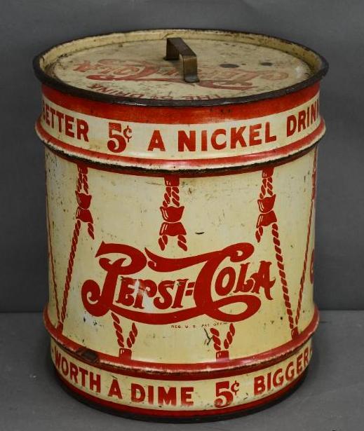 Pepsi Cola Metal Drum Style Barrel: Rated 7.5, 17"x15"x15", the metal barrel has good color, has wear and scratches, has it's top, is empty.