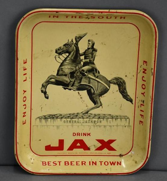 Drink Jax Best Beer in Town w/General Jackson on horse: Rated 7.5, 13.5"x 10.5", metal serving tray has good color and shine, has wear and scratches. The Authentication Company #037654