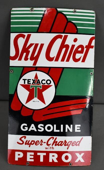 Texaco (white-T) Sky Chief Gasoline w/Petrox (ex-large): Rated 9, 22"x18", SSP sign has excellent color and gloss, field is clean, tiny chips around the perimeter, marked P&M. The Authentication Company #037668