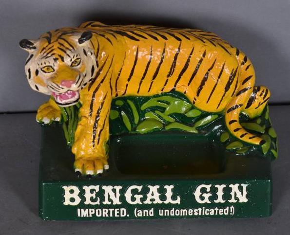 Bengal Gin Chalk Ware Counter Display: Rated 8.5, 7"x 11"x 7", chalk ware bottle display has good color and is in good condition.