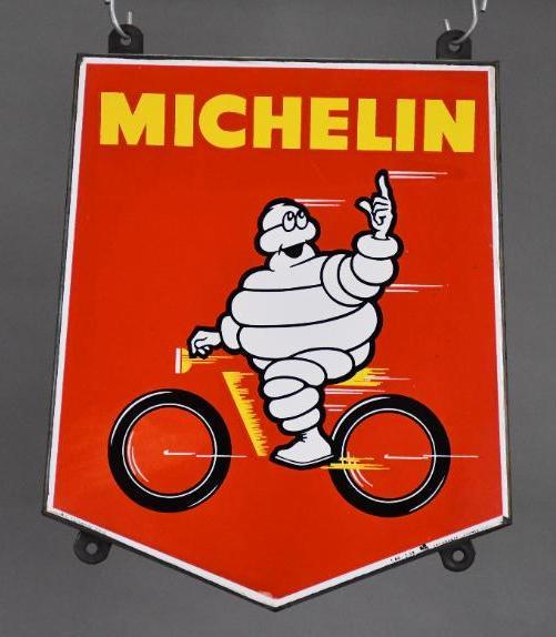 Michelin w/Bibendum Riding a Bicycle Porcelain Sign (1 of 4)
