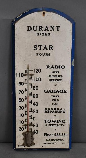 Durant Six Star Four Garage Wood Thermometer: Rated 8, 21"x9", wood thermometer has good color, is soiled a bit, tube is good, marked Taylor Permacolor.