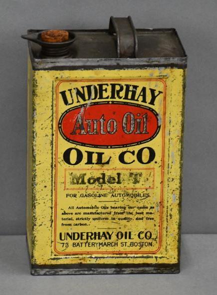 Underhay Auto Oil Model-T One Gallon Metal Can: Rated 7.5, one gallon metal can has wear and fine scratches, is empty, ink stamped Model T. The Authentication Company #037576