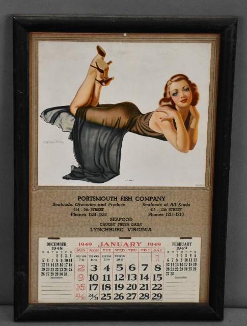 1949 Portsmouth Fish Company Calendar: Rated 9, 16.5"x10.5", paper calender is in good condition, has a full pad, staples are rusty, framed under glass.
