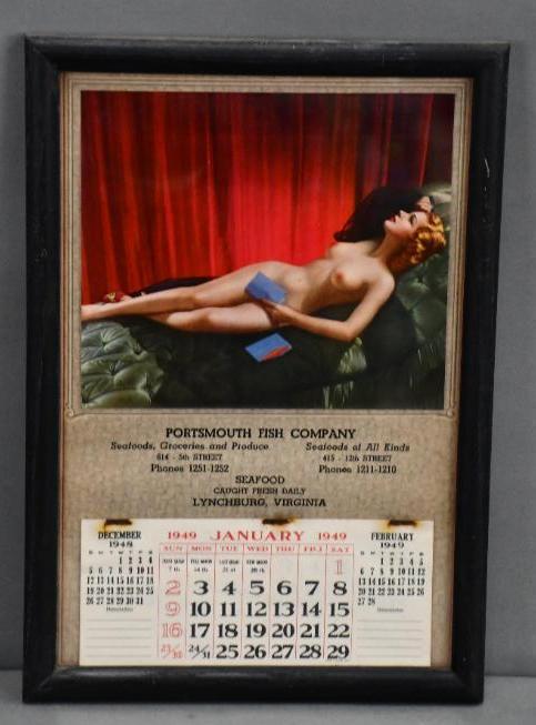 1949 Portsmouth Fish Company Calendar: rated 8.9, 16.5"x11.5", paper calendar has very good color, staples have rust, has been framed under glass.