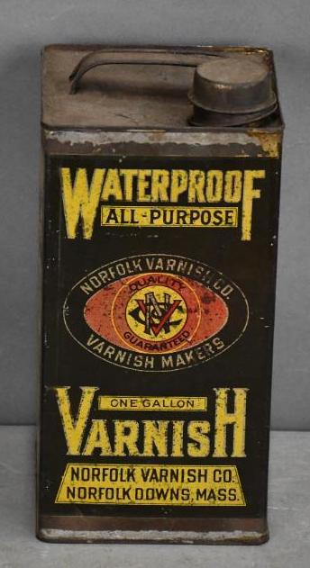 Norfolk Varnish One Gallon Square Metal Can: Rated 7.5, one gallon empty square metal can has good color and shine with wear and scratches.