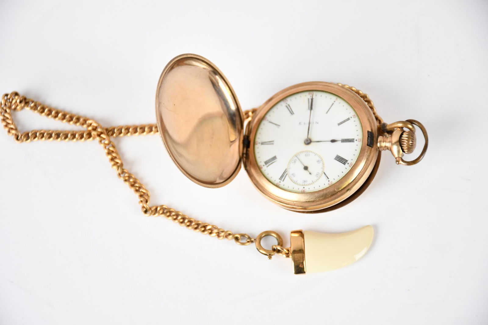Elgin 15j 16s Gold Filled Hunter Watch Case w/Chain & Tooth Fob: rated 8.5, 16s, the gold filled watch is in good condition, does not work, wound tight, comes with gold-filled chain and tooth fob.
