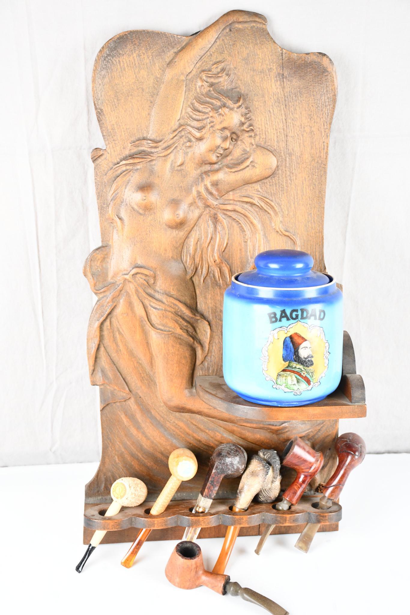 Art Nouveau Style Walnut Pipe/Tobacco Wall Mounted Holder (1 of 5)