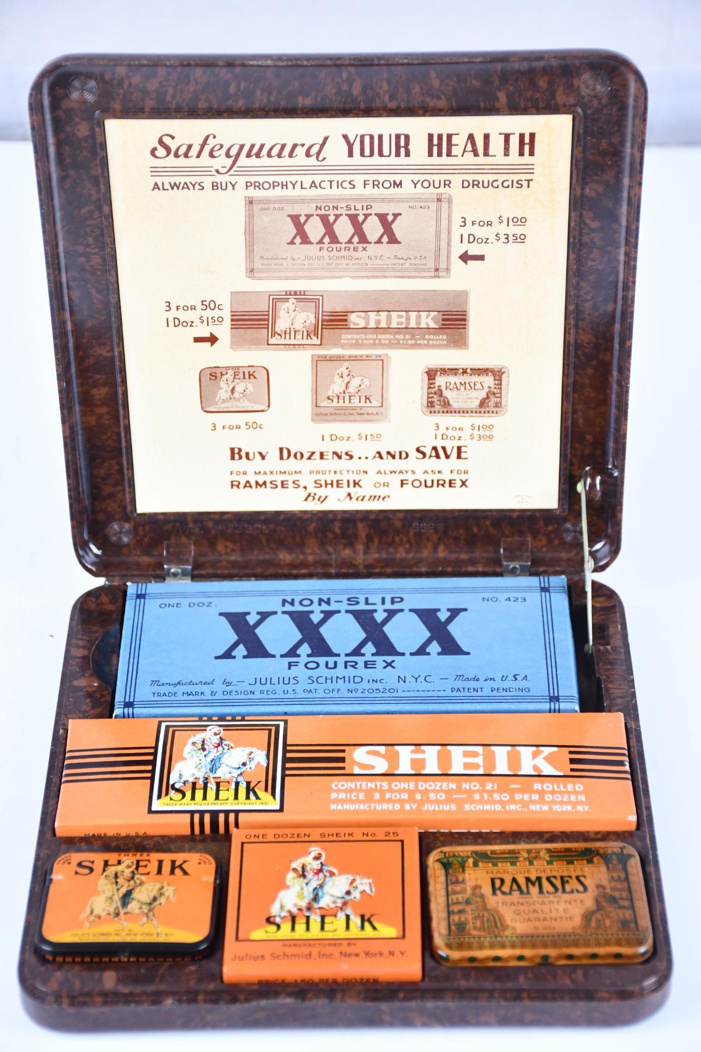 Sheik Ramses Fourex Prophylactics/Condom Point of Sale Display: rated 9.75, 8"x8"x1", plastic container is in excellent condition, is full of original product and all is in excellent condition.