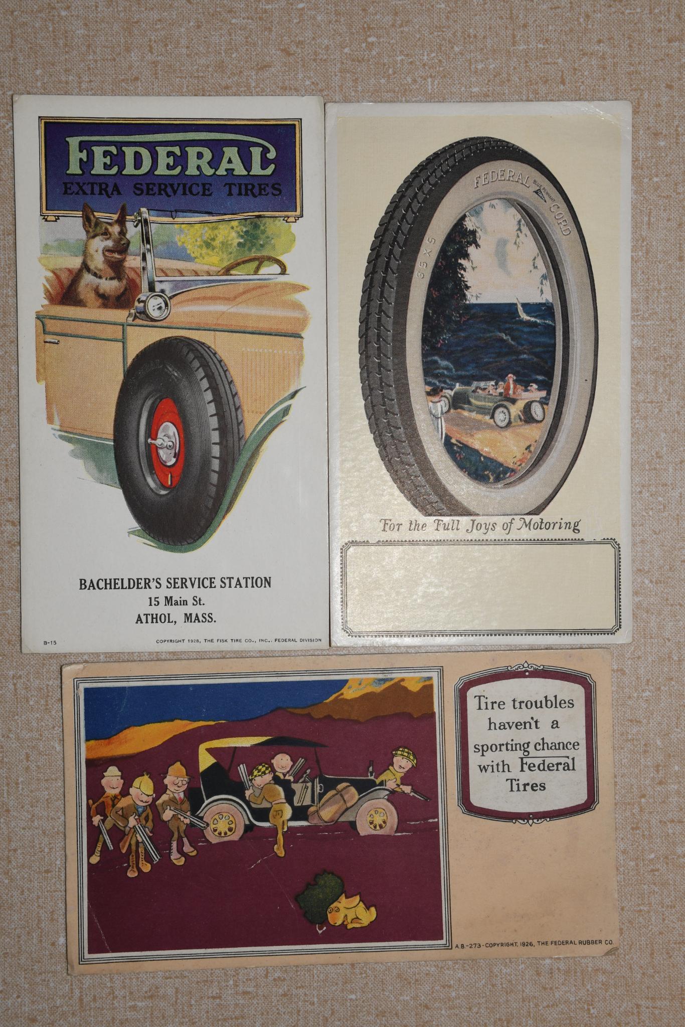 Lot of 3- Federal Tires Ink Blotters: Measures 6.25"L x 3.5"H or smaller. All in good condition. One has a few light scratches and has some minor creases. All have great color and graphics. Federal Extra Service Tires is marked Co