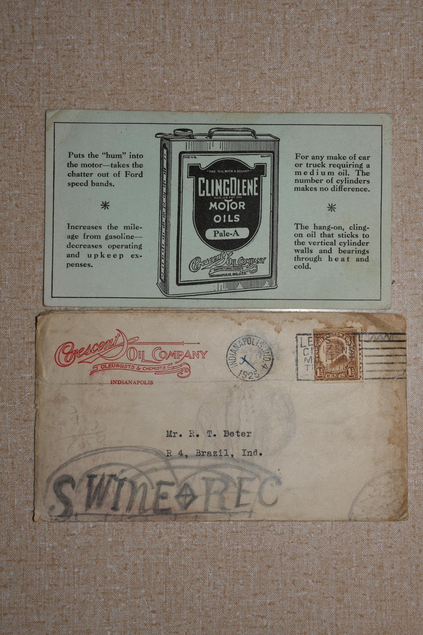 Clingolene Motor Oils Crescent Oil Company Ink Blotter & Original Envelope: Measures 6"L x 3.5"H. Blotter has some discoloration and wear around the edges. Has original envelope it was mailed in, with a date of 1925.