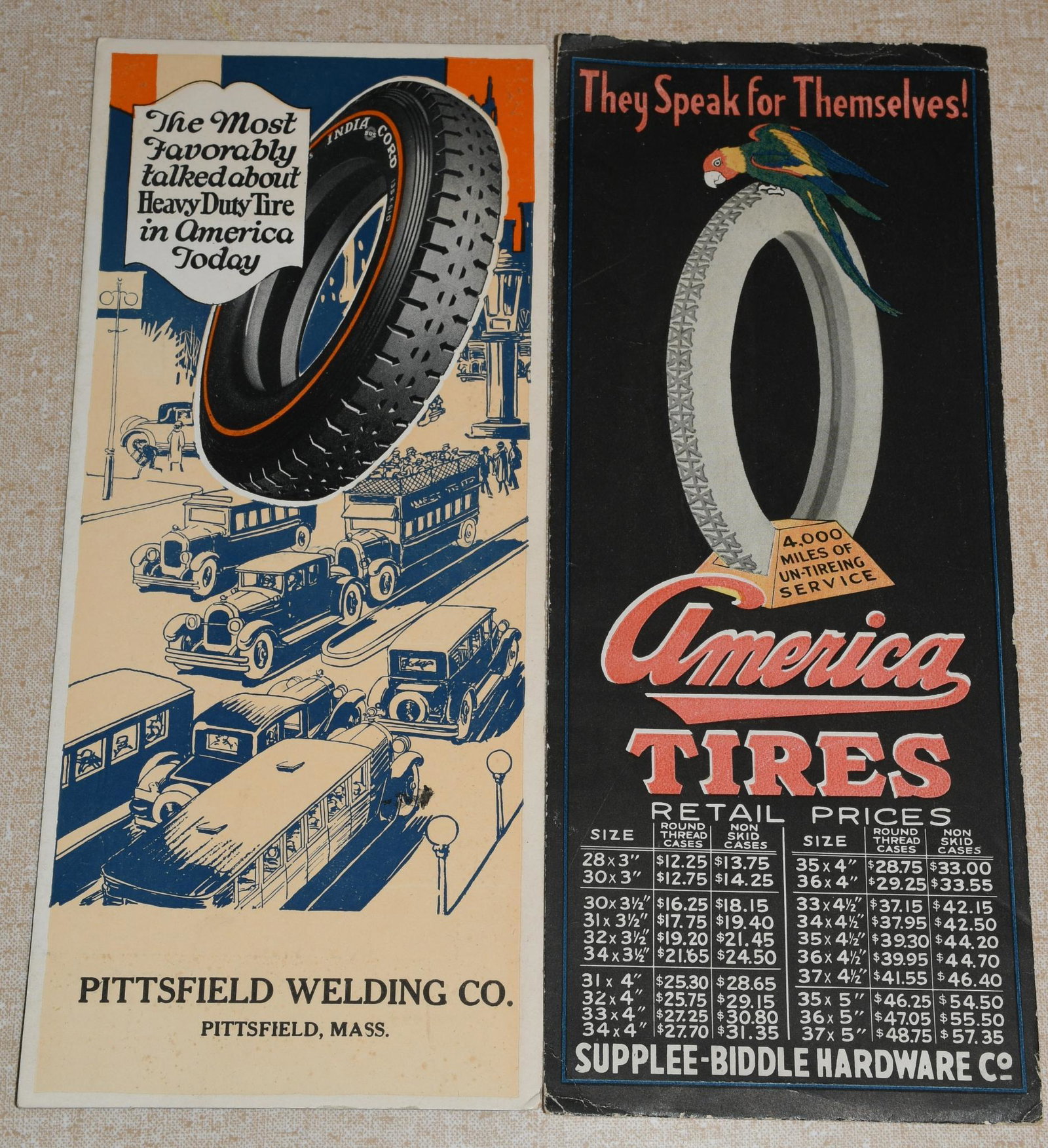 America & India Tires Ink Blotters: rated 8 & 9, 9"x4", both have good color, America has minor damage at the top edge.
