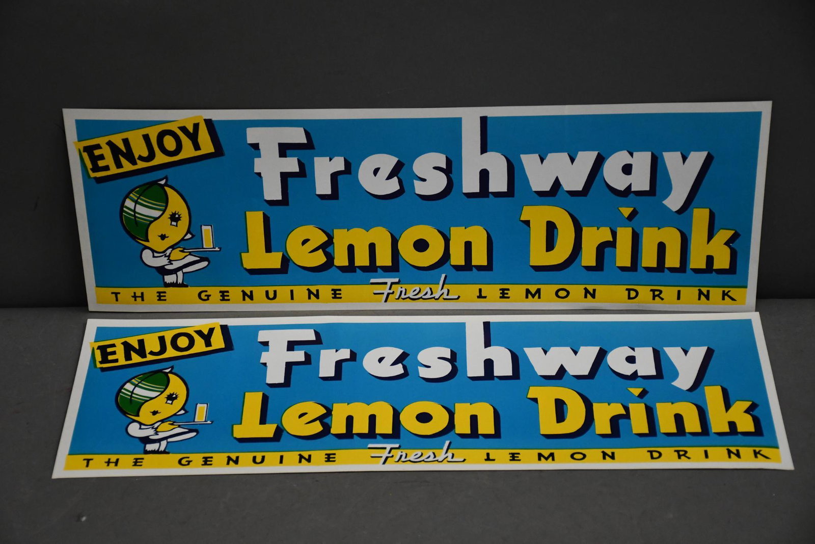 2-Enjoy Freshway Lemon Drink Paper Signs: rated 9, 6"x18", both in excellent condition
