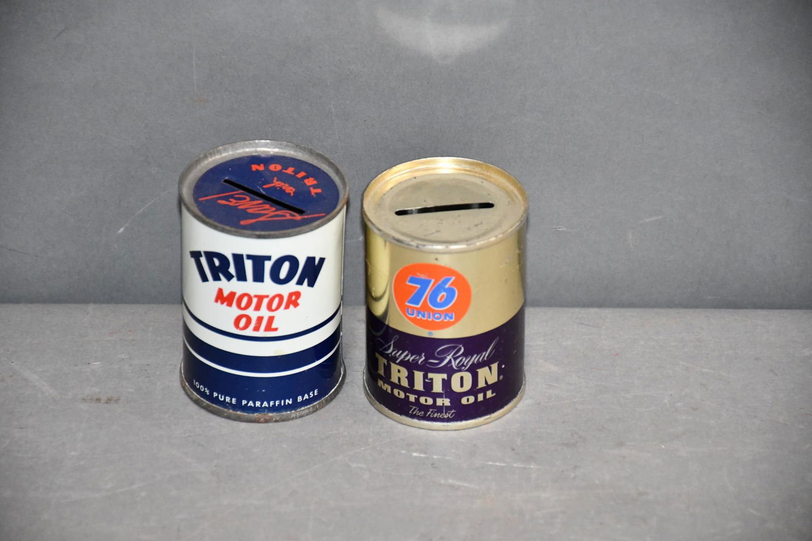 Triton & Union 76 Motor Oil Metal Can Banks (1 of 2)